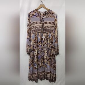 R.Vivmos Balloon Sleeve Floral Midi Dress Womens L Brown Cottagecore Peasant